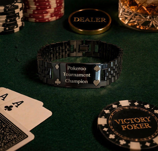 Black personalized poker bracelet with example engraving