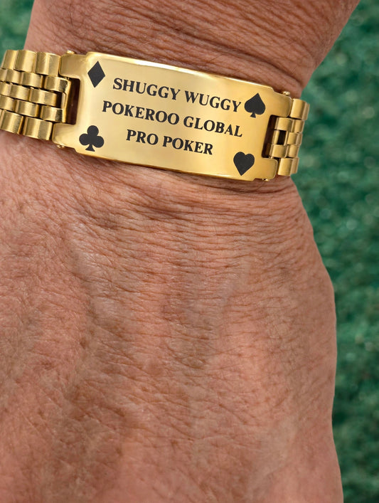 POKEROO personalized poker bracelet in gold stainless steel with engraved text and card suit symbols