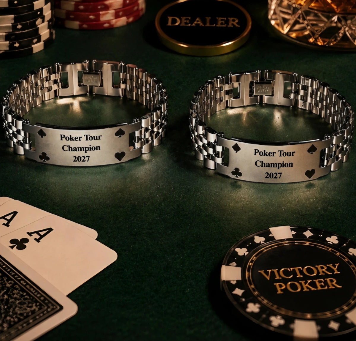 Silver personalized poker bracelets with example engraving