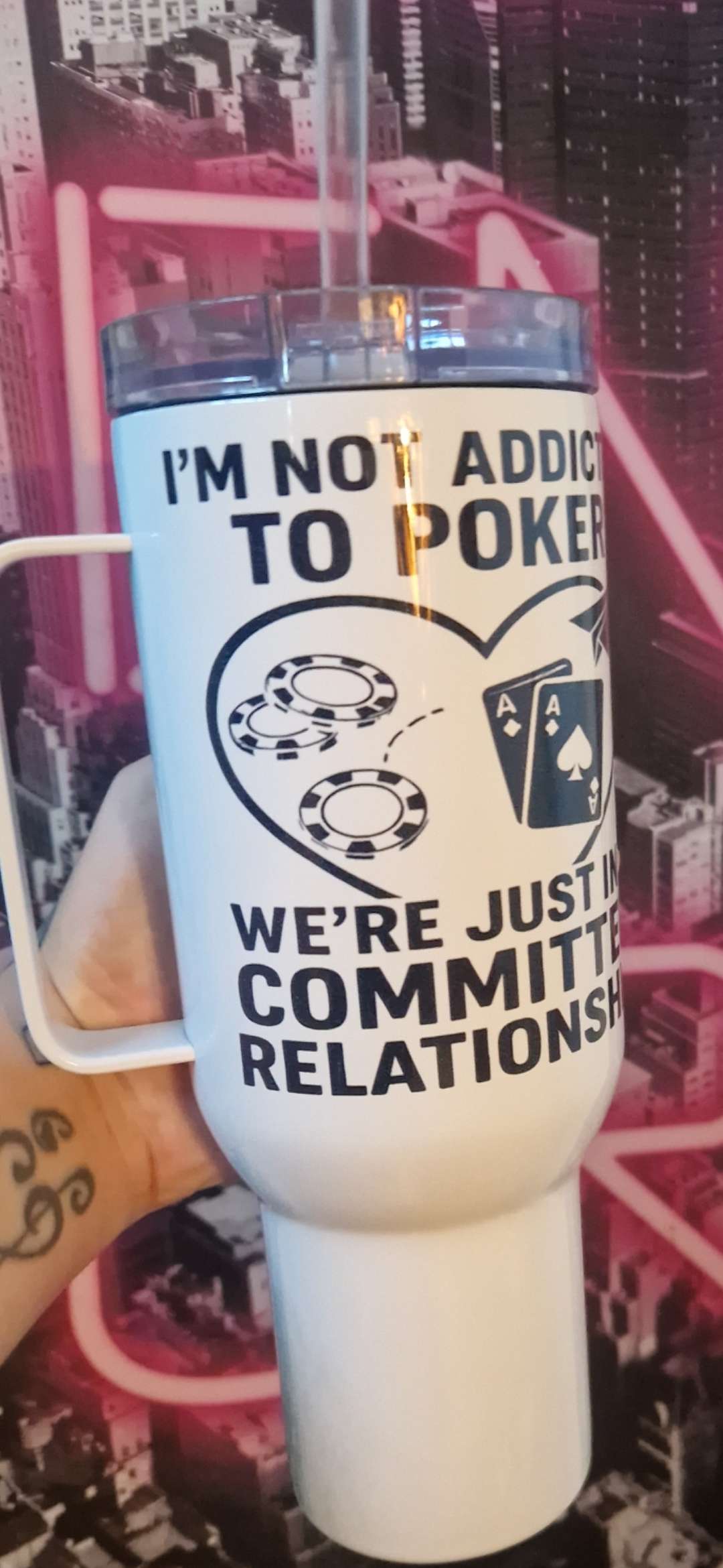 "Addicted" by Cherryblossom Travel Mug with a Handle